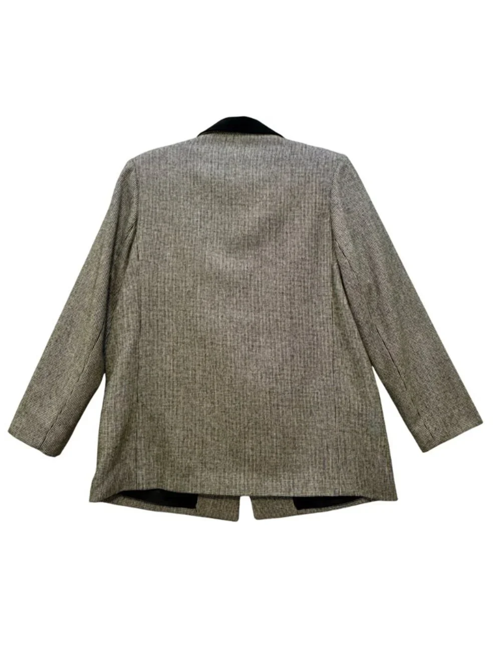 Vintage 1980s Houndstooth Wool Blazer Size 10P Velvet Collar Black White Regency - Picture 2 of 8